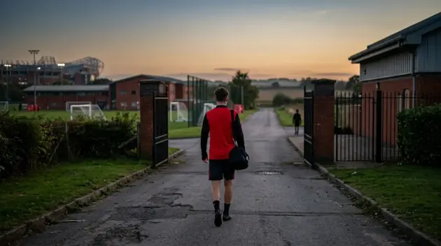 Young footballer walking away from a training ground after leaving Manchester United