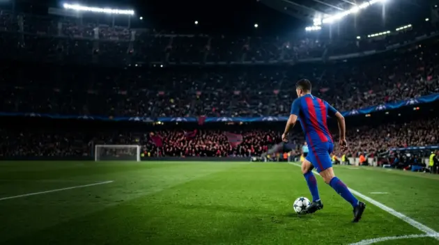 Winger sprinting during a football transfer scene with Palace blue and red colors and a Manchester United-inspired stadium backdrop
