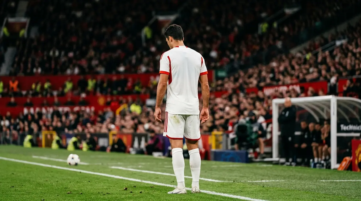 Left-back-inspired footballer on a stadium touchline amid transfer speculation