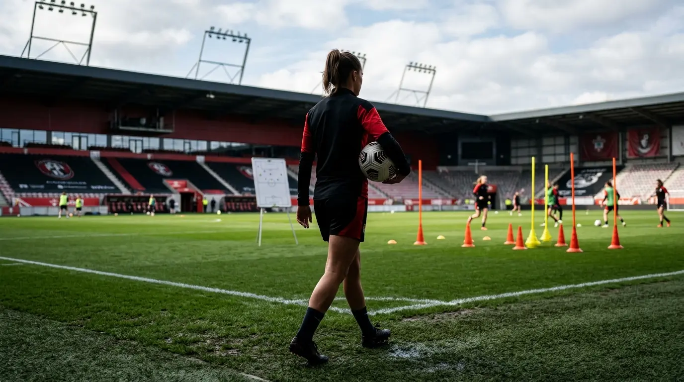 Female football defender walking onto a training pitch, representing Rebeca Bernal’s expected move to Manchester United Women.