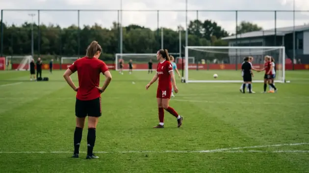 Women’s football players react after a close pre-season match at a training ground