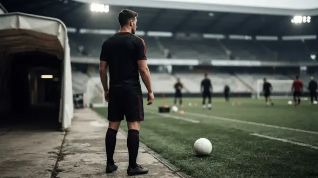A football defender silhouette on a stadium pitch representing Manchester United's reported interest in Jhon Lucumi.