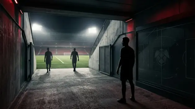 Defender silhouette in a floodlit stadium representing Manchester United's late centre-back transfer decision