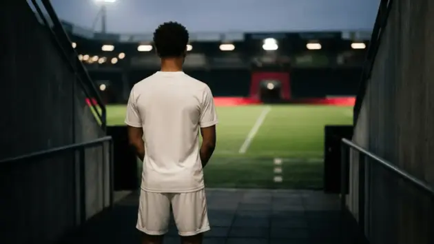 Young football forward in a stadium tunnel representing Endrick’s potential loan move from Real Madrid