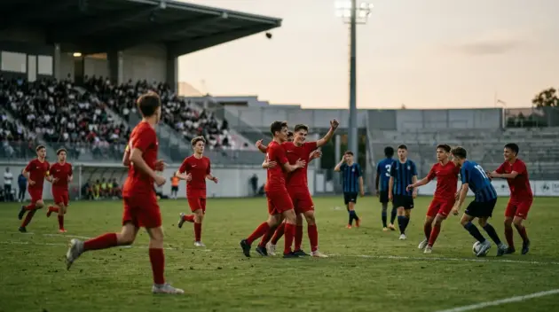 Manchester United Under-19 players celebrate their win over Club Brugge in the Otten Cup