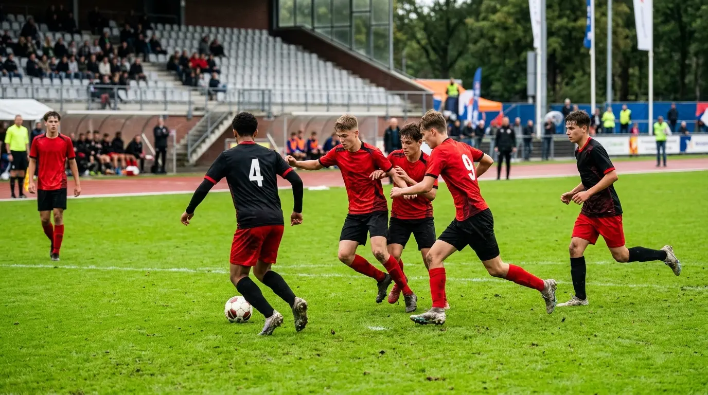 Youth footballers contest a tournament placement match on a green pitch