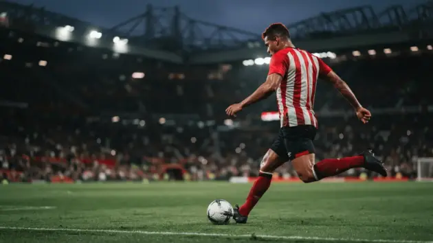 Brazilian striker in a red-and-white kit during a dramatic football transfer-style stadium scene