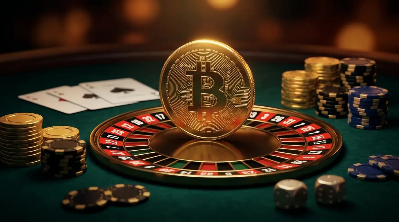 Gold Bitcoin coin beside a roulette wheel and stacked casino chips on a velvet gaming table