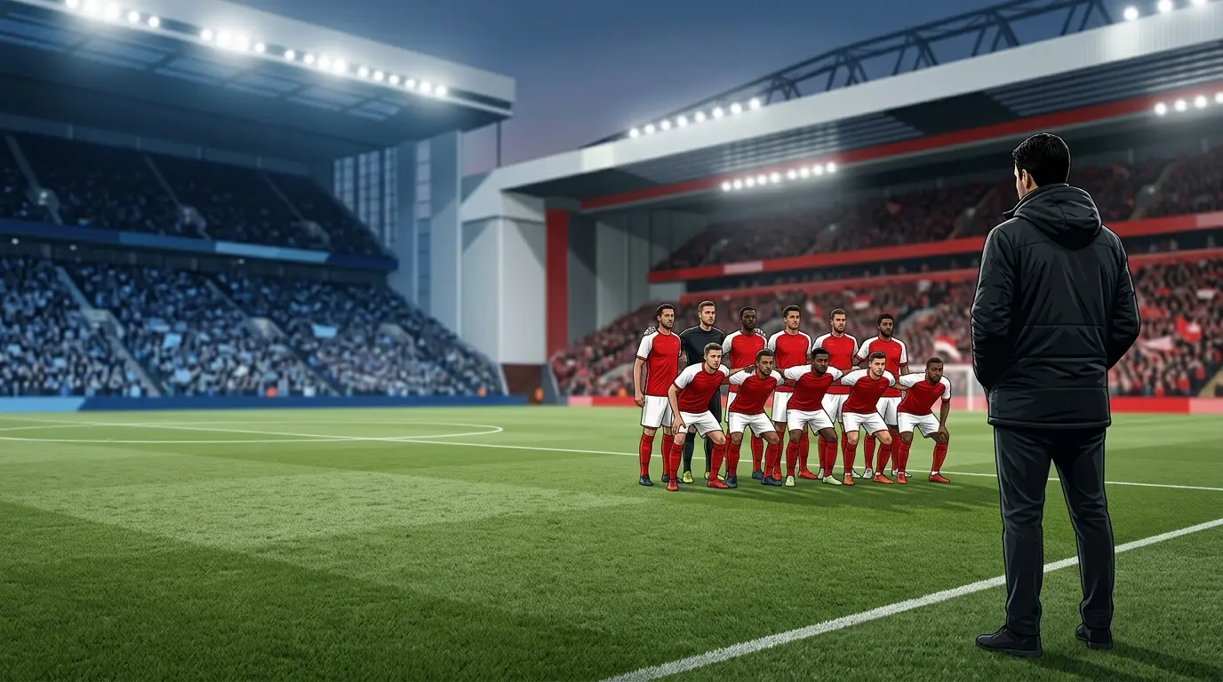 Anonymous coach watches a Manchester United-inspired squad prepare for a tough away match under stadium floodlights