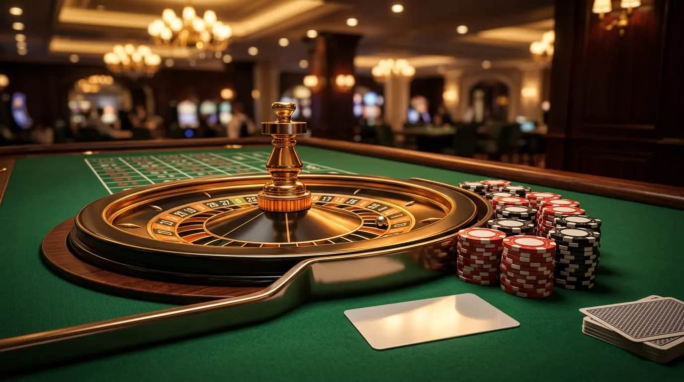 Roulette wheel with casino chips and a blank identity card on a green felt casino table