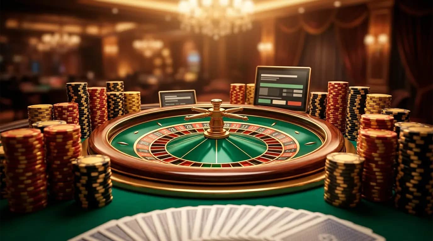 Casino chips and roulette wheel on green felt table — Czech casino registration bonus 2026