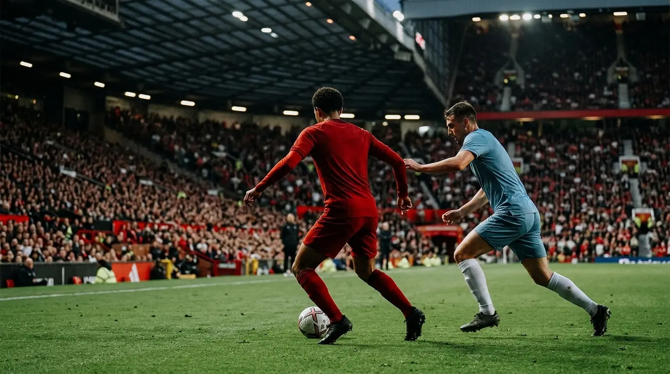 Anonymous red-shirted midfielder controls the ball during a tense derby midfield battle at Old Trafford