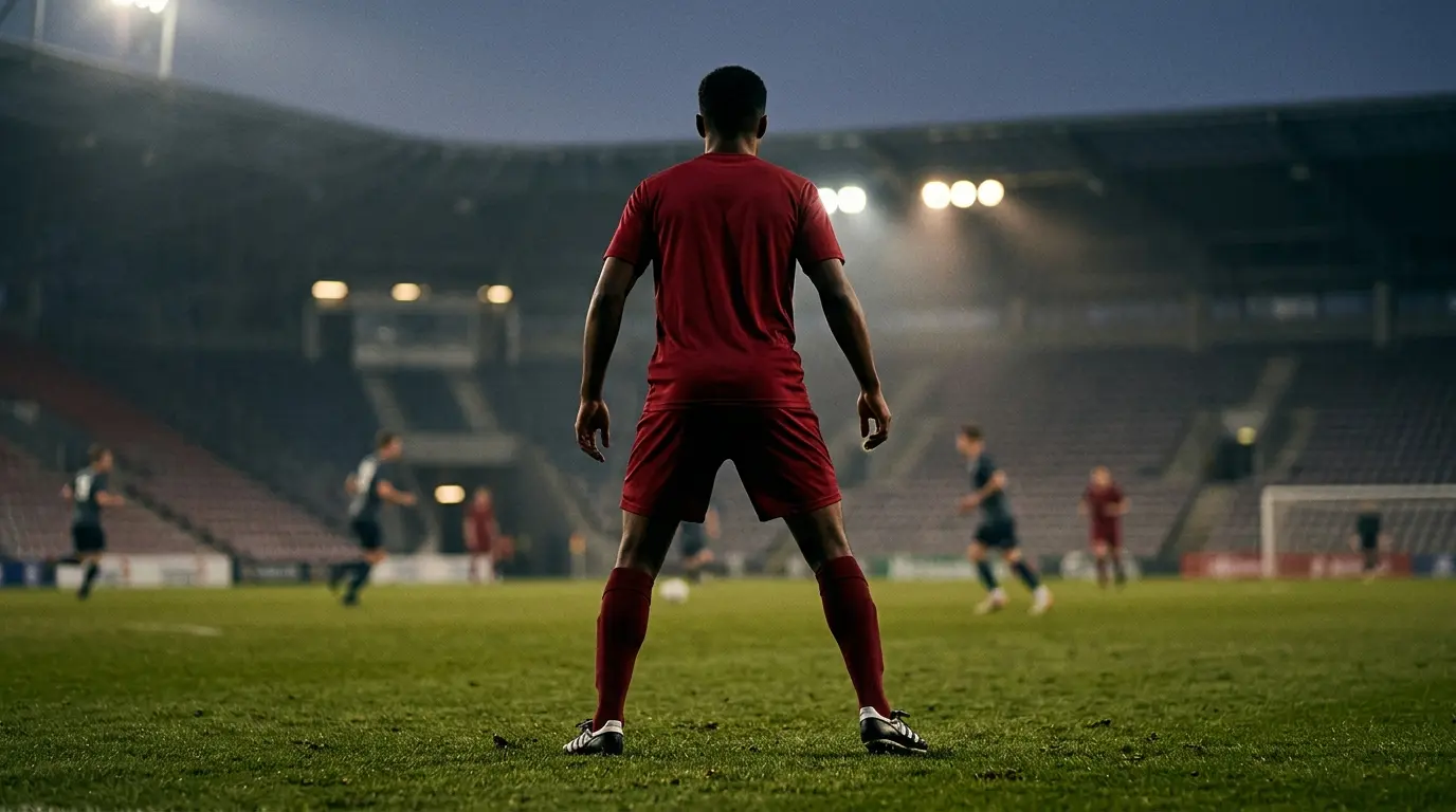 Young centre-back in a red shirt controlling the ball under floodlights during a football match