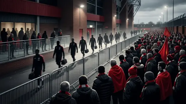 Players pass a matchday barrier as ordinary supporters wait near a stadium hospitality area