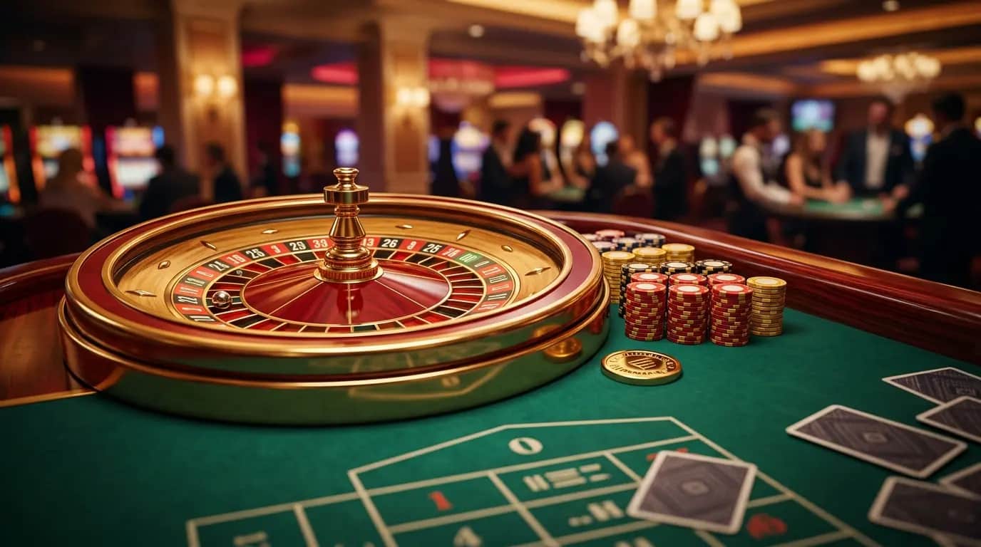 Gold and crimson roulette wheel with stacked casino chips on green felt — best online casino 2026