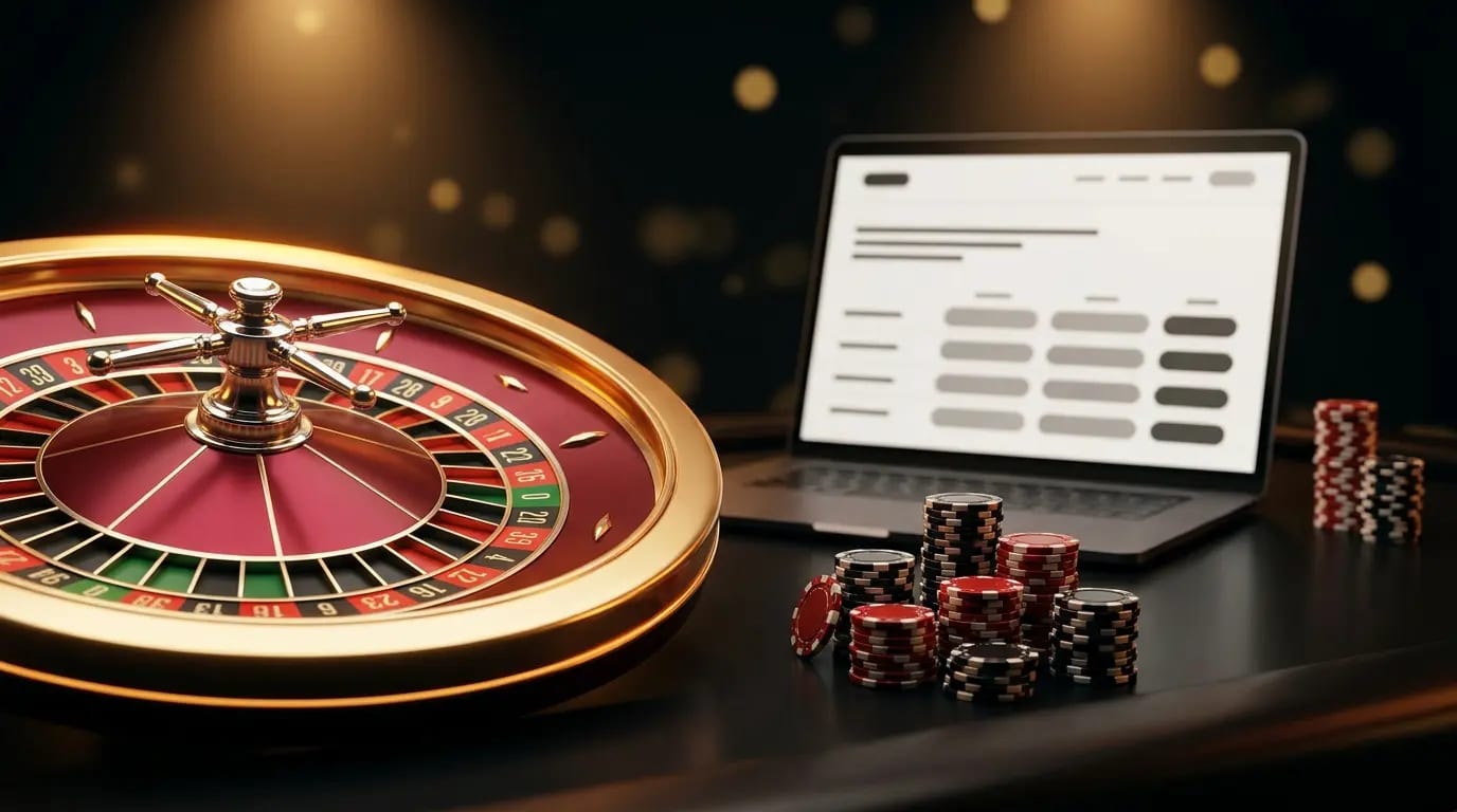 Nové české online casino 2026 – roulette wheel and casino chips on a premium casino table