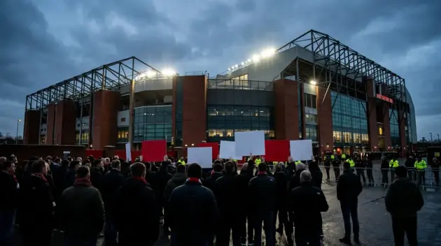 Peaceful Manchester United fan protest outside Old Trafford before a tense Manchester derby