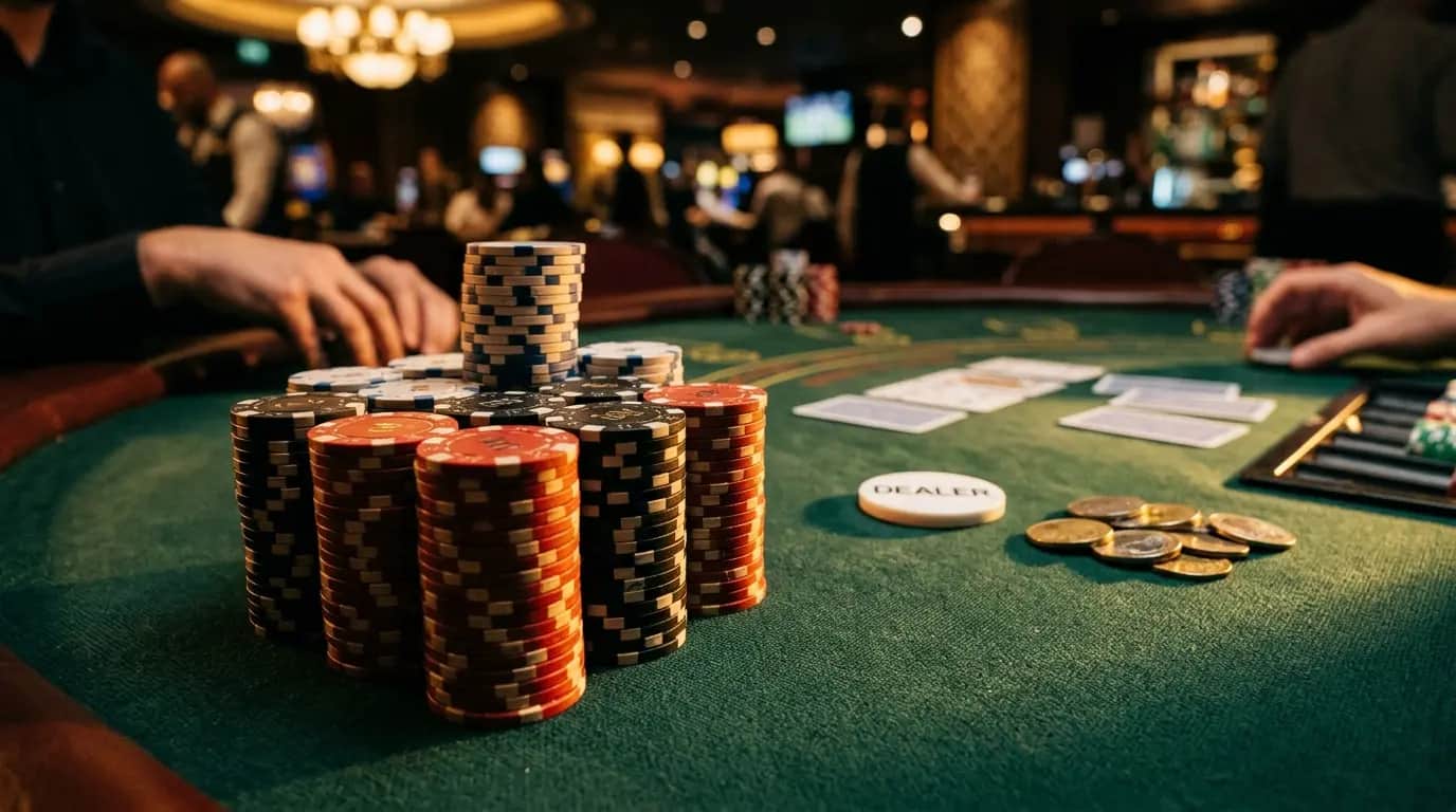 Stacked poker chips on a green felt table with face-down cards in soft focus — online poker Czech 2026