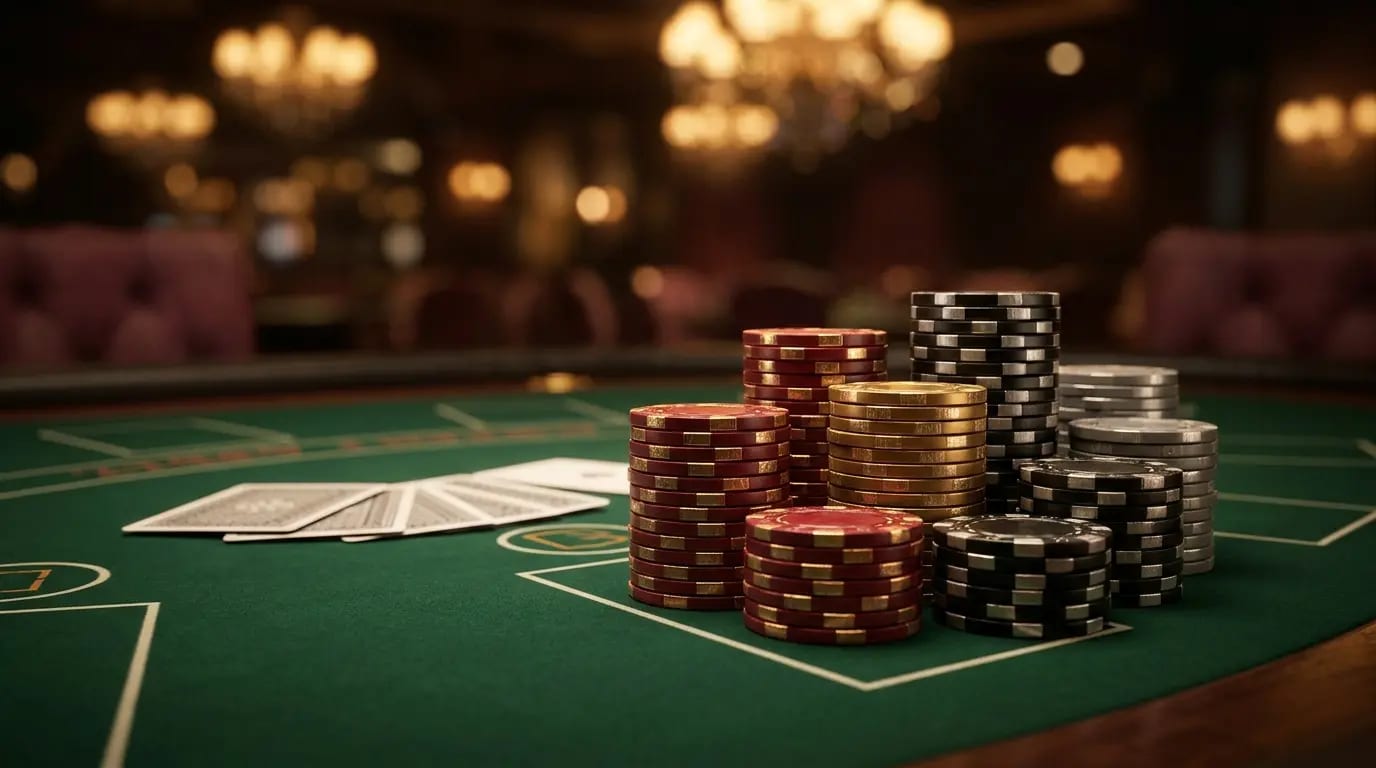Stacked casino poker chips on green felt table with face-down cards, cinematic gold and red lighting