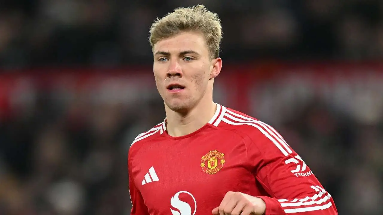 Rasmus Højlund wearing a red Manchester United home kit during a match