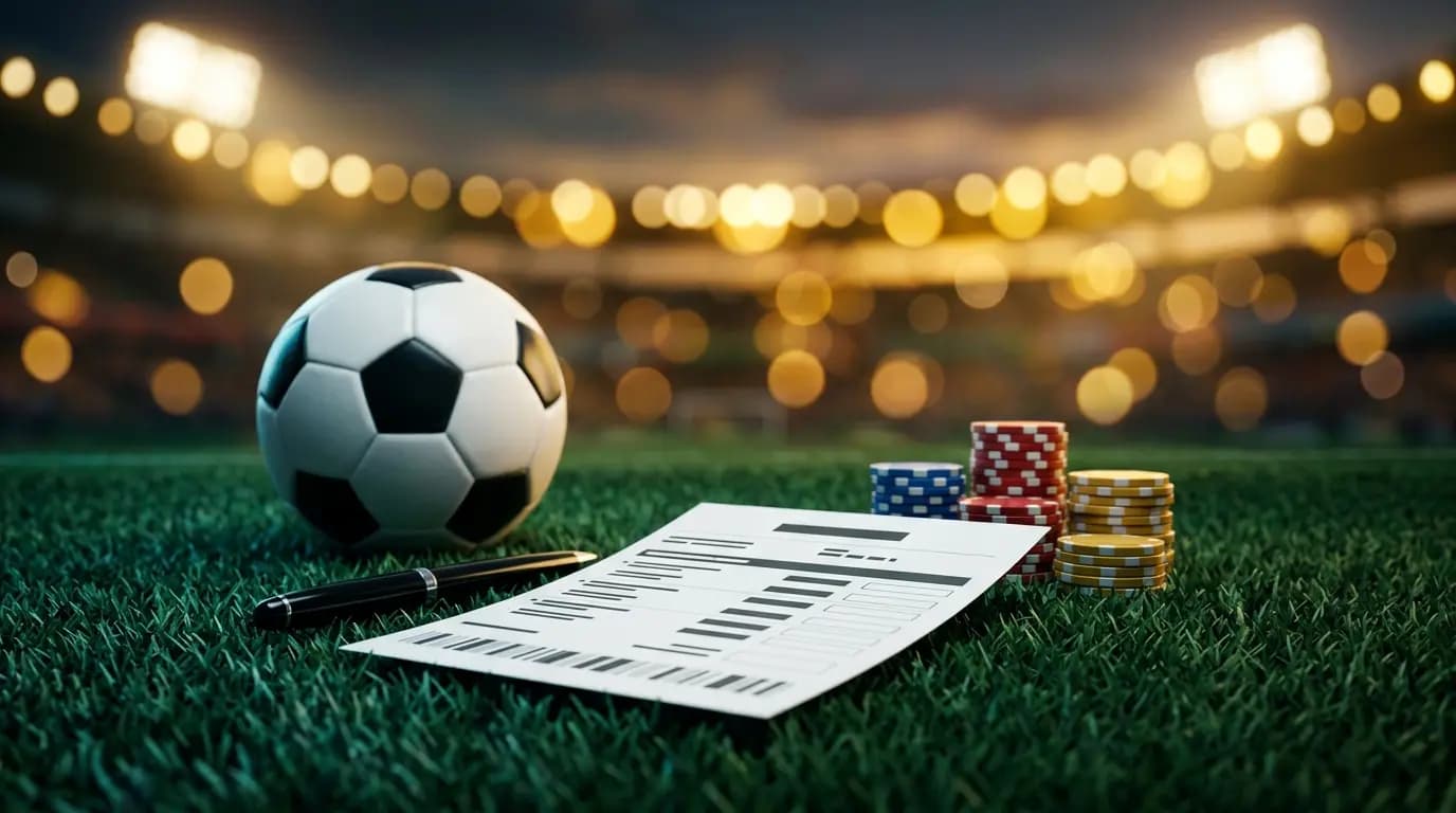Sports betting slip, football, and casino chips on a green pitch with stadium bokeh — best Czech sportsbooks 2026
