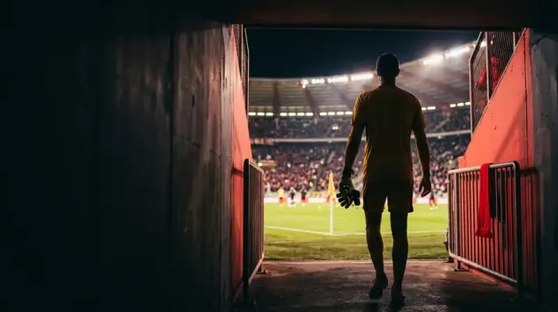 Goalkeeper silhouette in a yellow kit entering a floodlit stadium during a reported Manchester United transfer