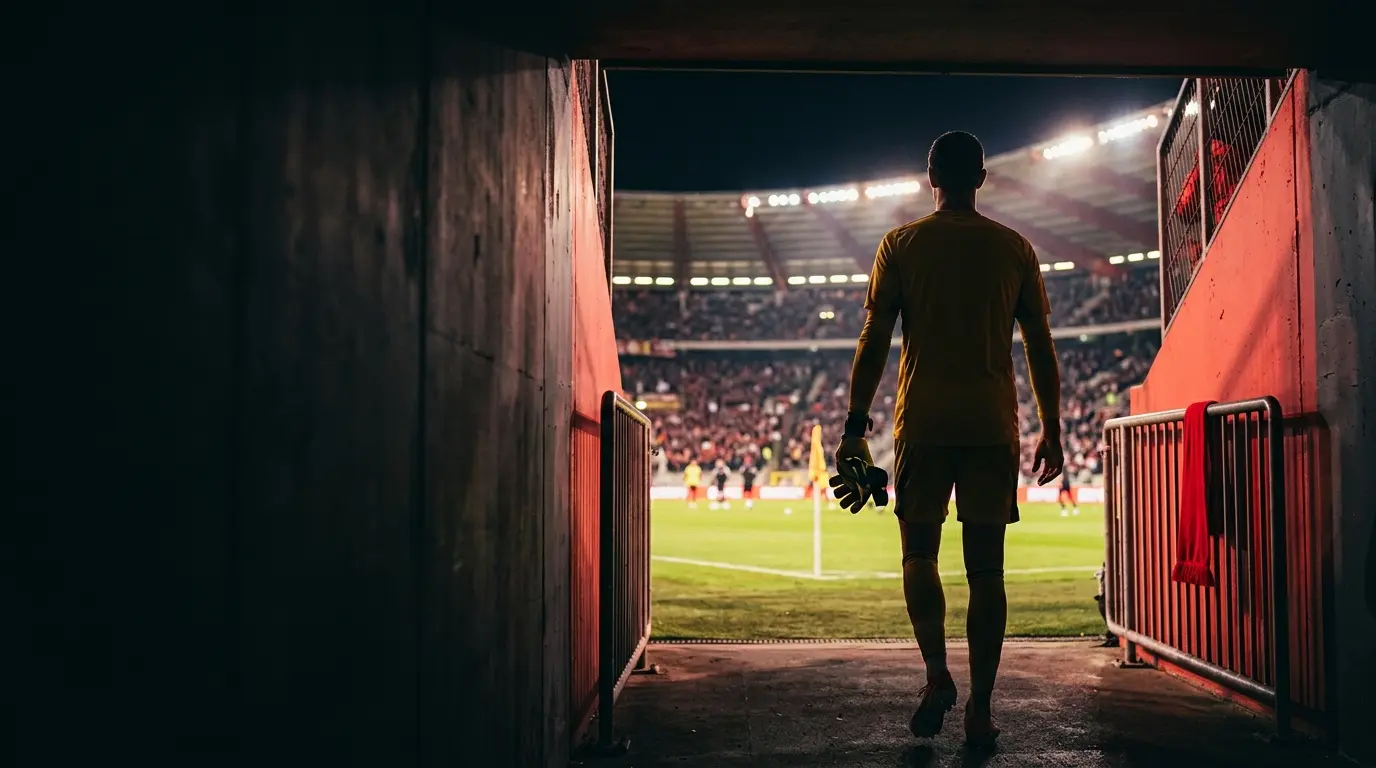 Goalkeeper silhouette in a yellow kit entering a floodlit stadium during a reported Manchester United transfer