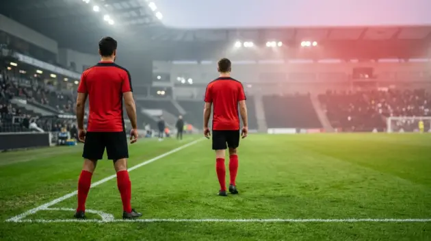 Two anonymous footballers on a stadium pitch representing Manchester United’s projected Bournemouth double transfer target
