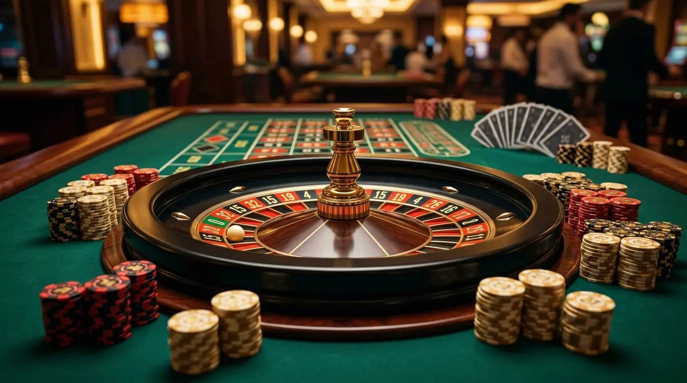 Roulette wheel with stacked casino chips on green felt — zahraniční online casino přehled pro české hráče