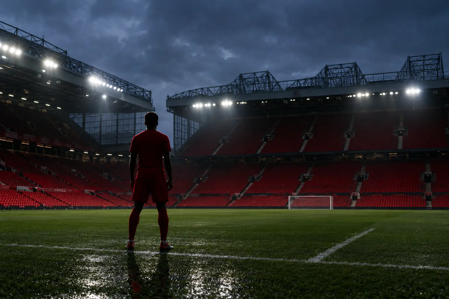 A lone red-shirted footballer silhouette stands on the Old Trafford pitch under evening floodlights.