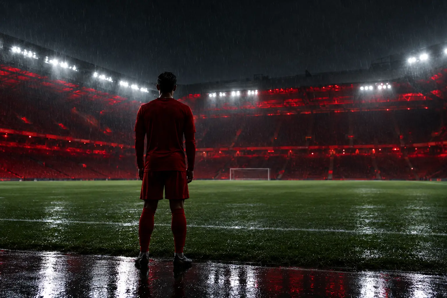 Lone footballer facing a floodlit stadium before Manchester United's next test after a five-match winless run