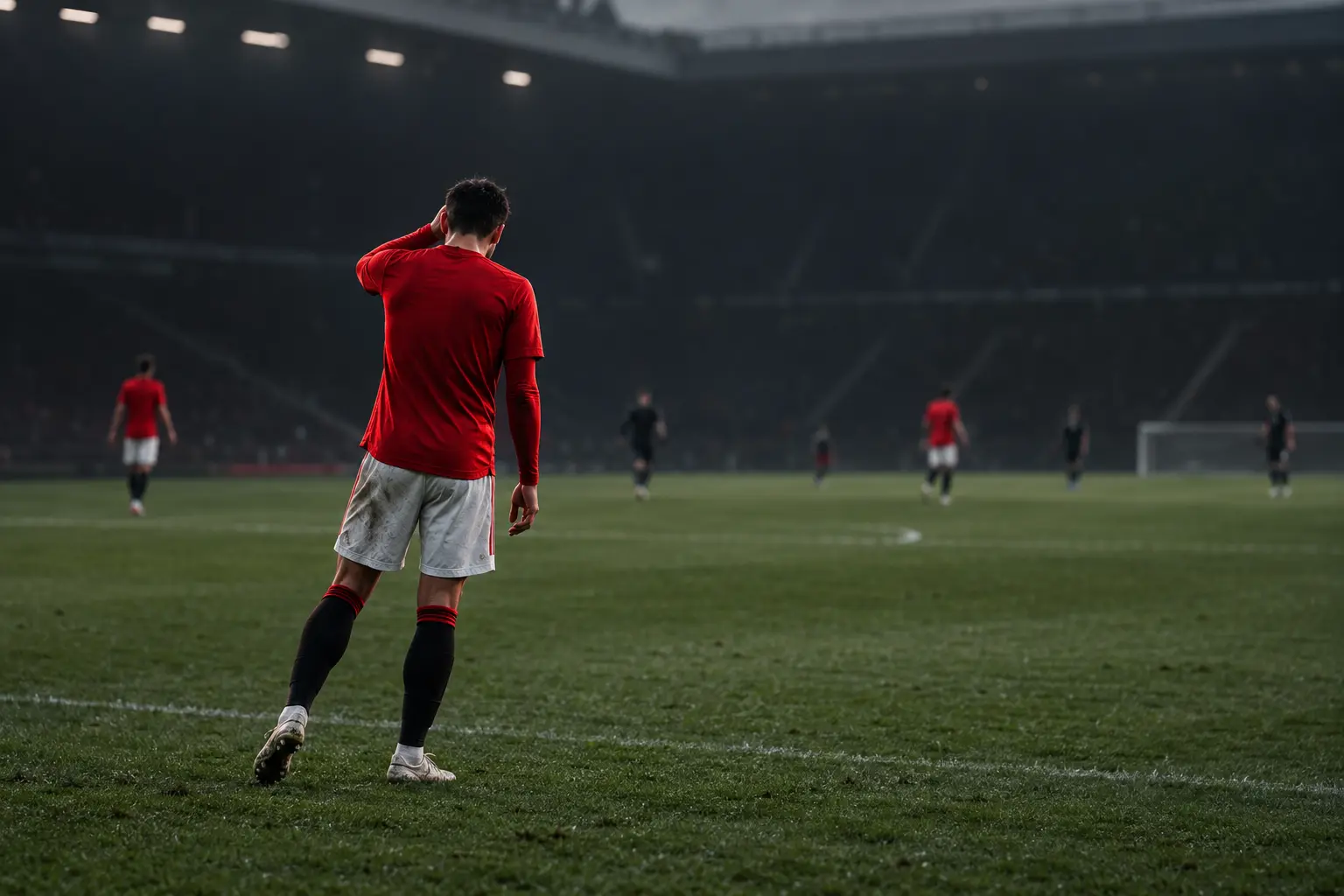 A Manchester United midfielder stands isolated on the pitch as empty channels suggest creative and tactical problems.