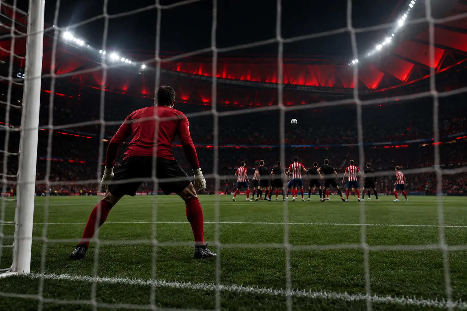 Goalkeeper prepares for a tense defensive test under stadium lights before Manchester United face Atlético Madrid.