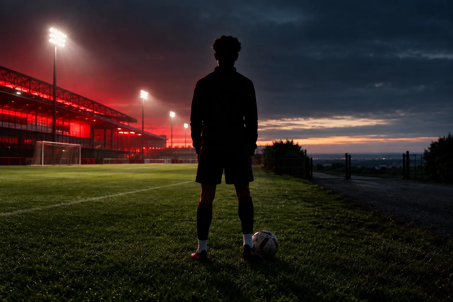 Unidentifiable academy footballer facing two routes on an empty training pitch at dusk