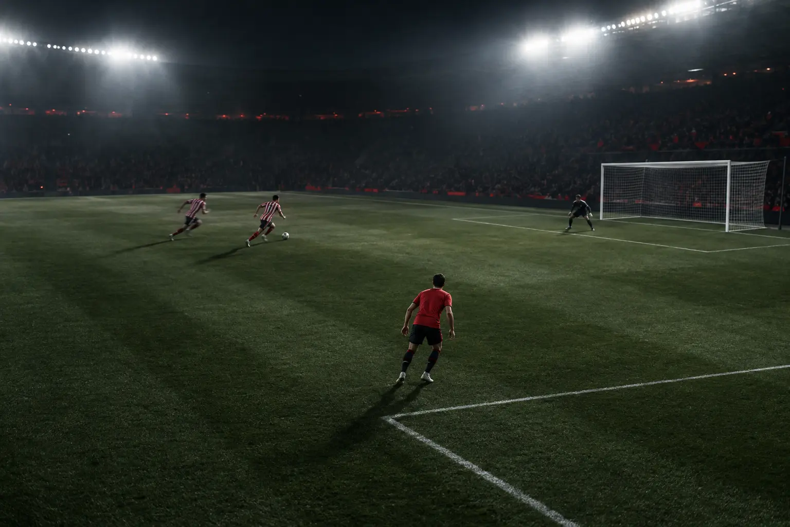 Manchester United-inspired defender isolated as Atlético-style attackers exploit space in a tense stadium scene