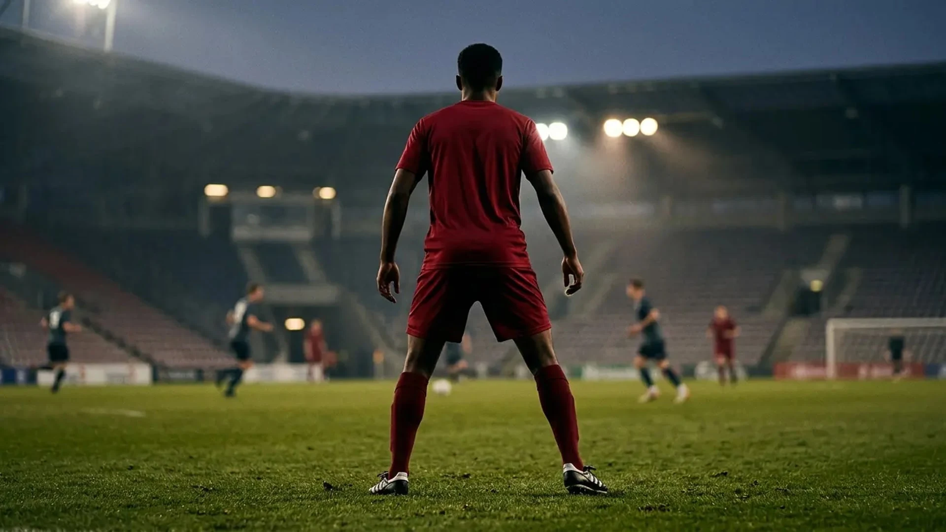 Leny Yoro seen from behind in a red kit on a football pitch during a match under floodlights